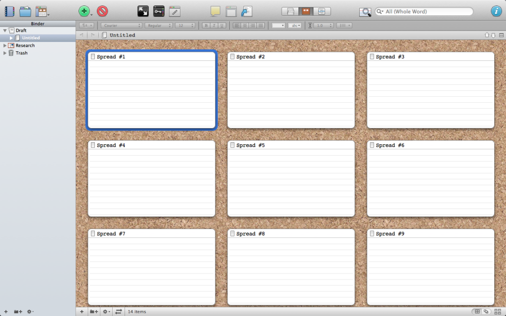 Storyboard template in Scrivener